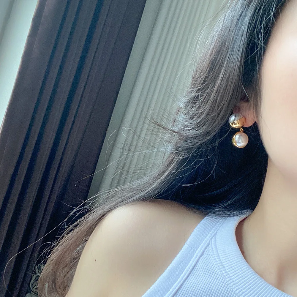 Brass Faux Pearl Double Beads Earrings Women Jewelry Punk Party T Show Gown Runway Trendy  Korean Japan Israel  Style INS