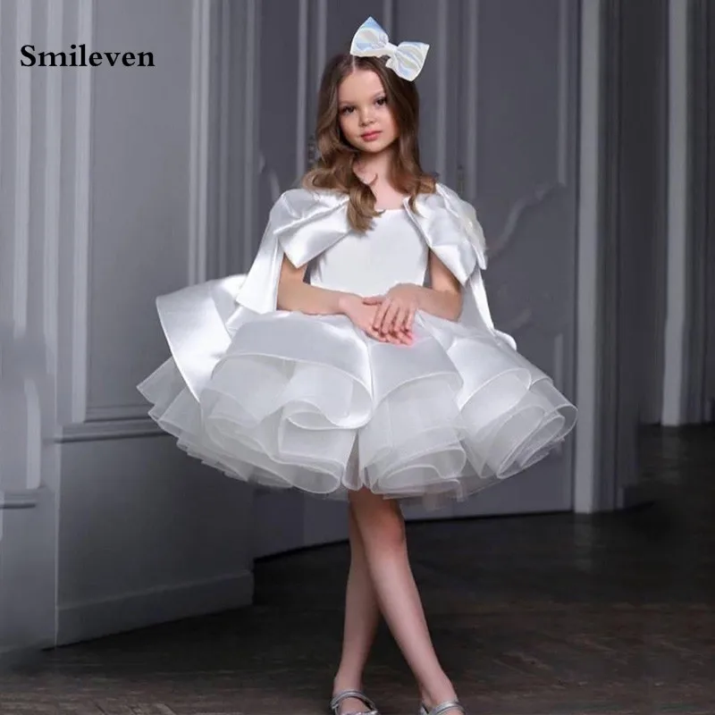 Smileven فستان فتاة من الساتان الأبيض مطبوع الأميرة طول الركبة رداء حفلات التواصل أقواس كبيرة vestidos para niñas مخصص