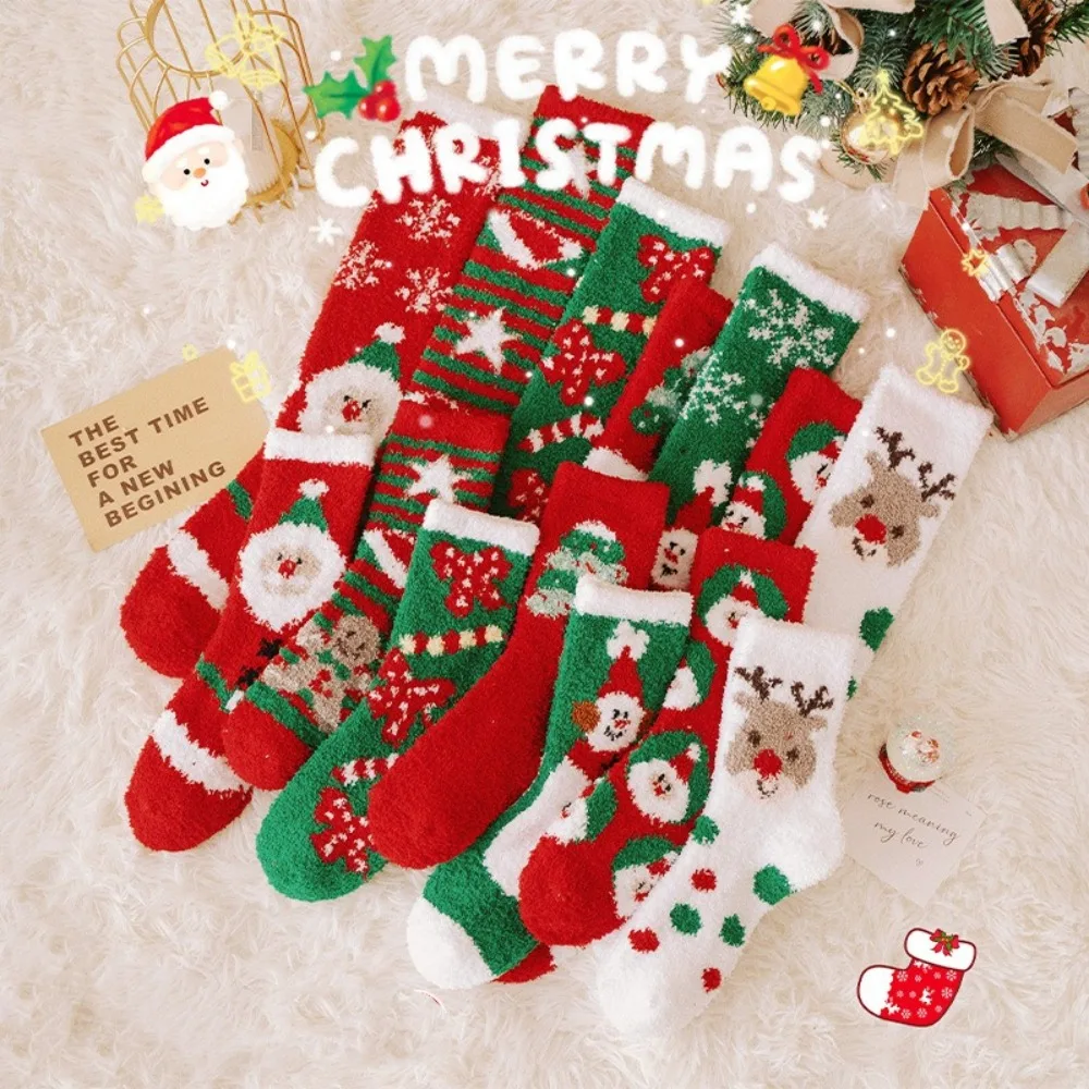 Winter Warm Cartoon Christmas Socks Soft Fluffy Socks Bed Socks Plush Elk Santa Claus Coral Fleece Socks For Women