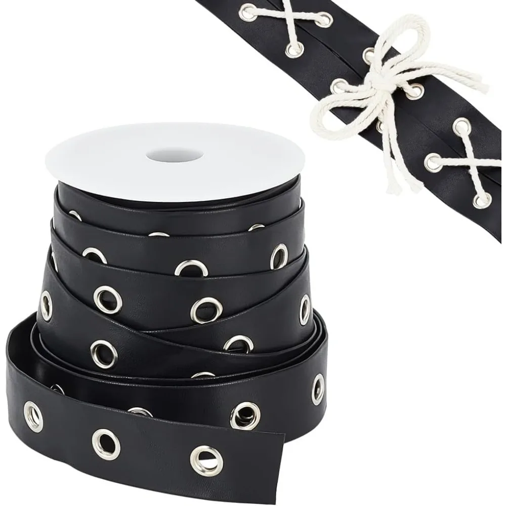 9 Yards Eyelet Trim with Grommets, 24mm Black Imitation Leather Eyelet Grommet Tape with Silver Metal Hole Ring Eyelet Twill