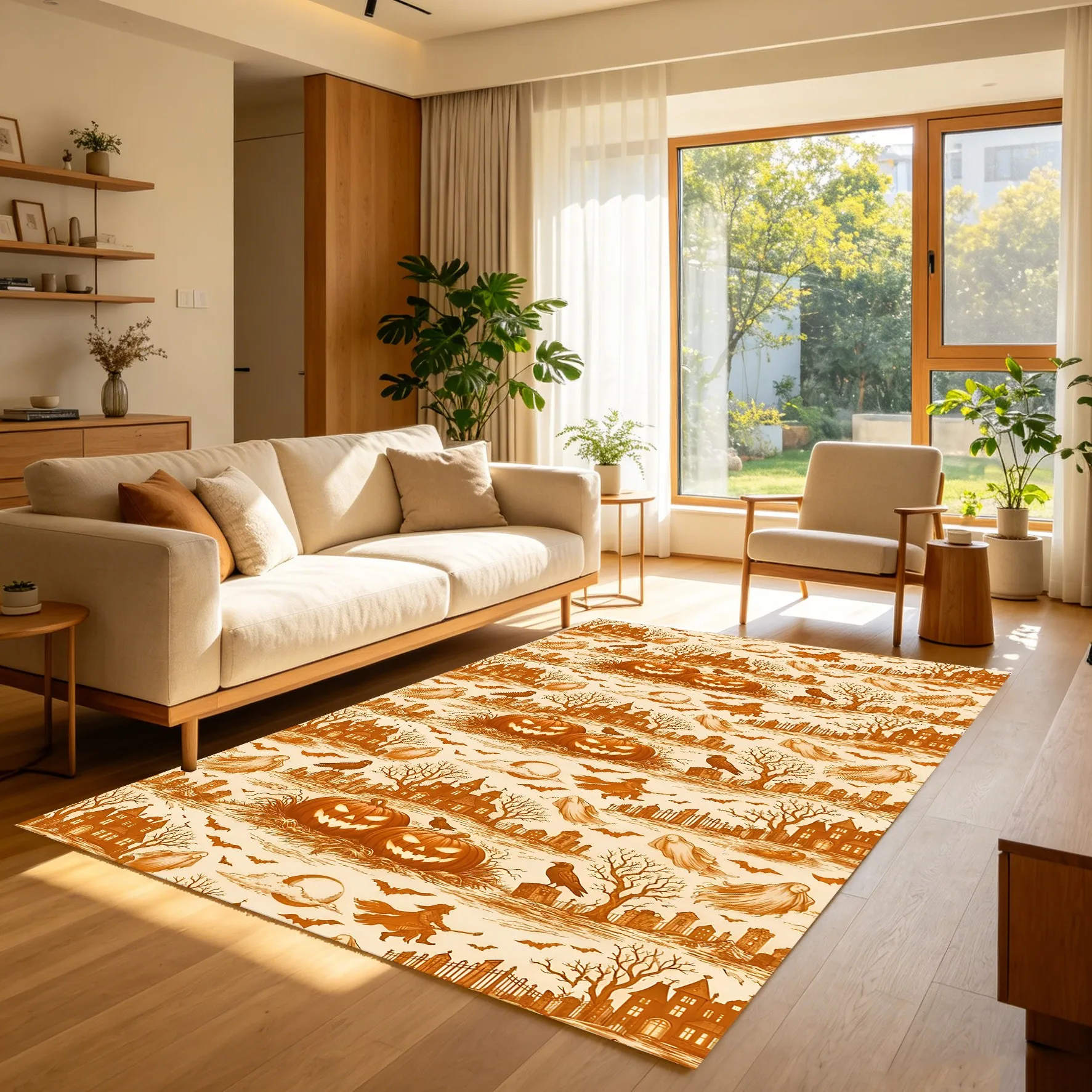 Velvet Pumpkin and Maple Leaf Retro Pattern American Retro 2D Carpet Suitable for Living Room and Bedroom Halloween Atmosphere