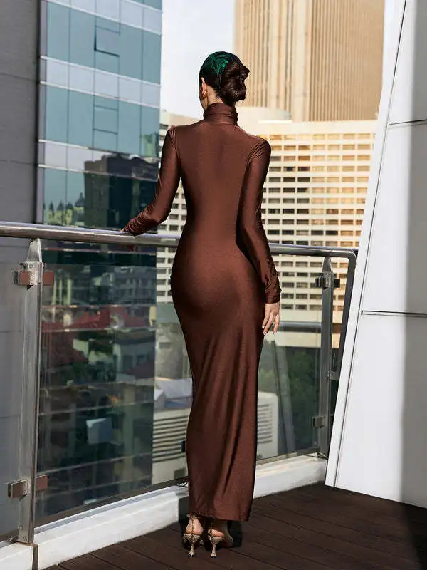 Spring Summer Women's Elegant Dress Slim High Waist Lace Vestidos Solid Color Long Sleeves High Collar Long Evening Dresses