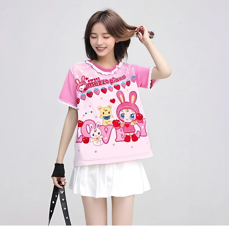 Japanese Cute Kawaii Tops Y2k Women Girls Casual Harajuku Short Sleeves Tees Lolita Cartoon Print Sweet Summer 2024 T Shirt