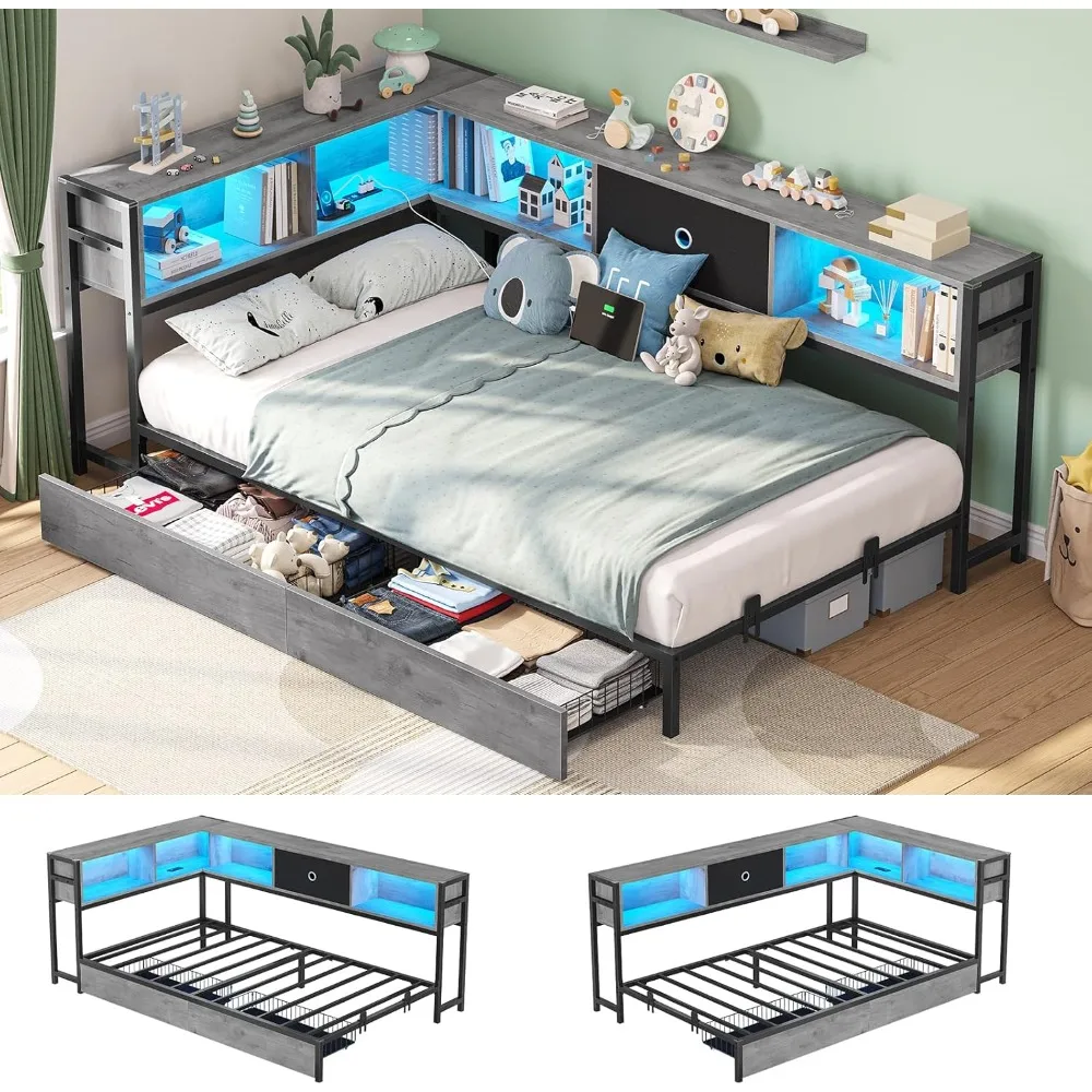 

Hasuit Corner Bed Frame with Storage Bookcase, Twin Daybed with Storage Drawers Underneath, Kids Bed Unit with Charging Station