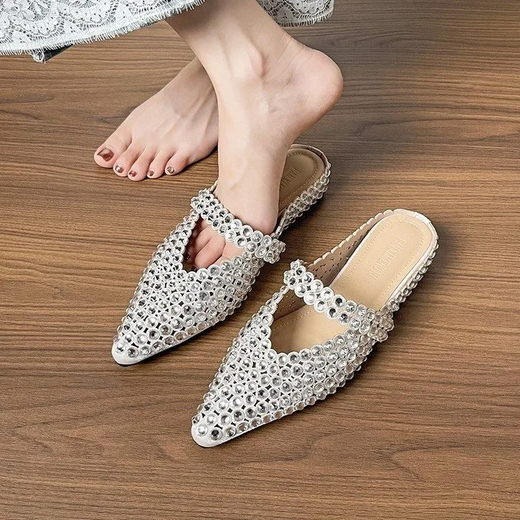 

French-style Rhinestone Mesh Breathable Single-strap Open-toe Half Slides 2026 Summer Vacation Beach Mules
