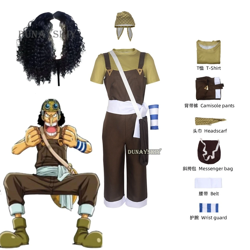 

1PC Anime GOD Usopp Cosplay Costume Wig Brown Rompers Uniform T-shirt Scarf Full Set Adult Man Carnival Halloween Suit