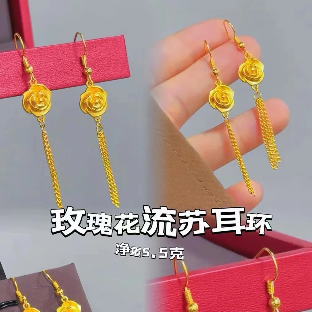 24K 9999 Pure Gold Rose tassel earrings new fashion temperament ear line