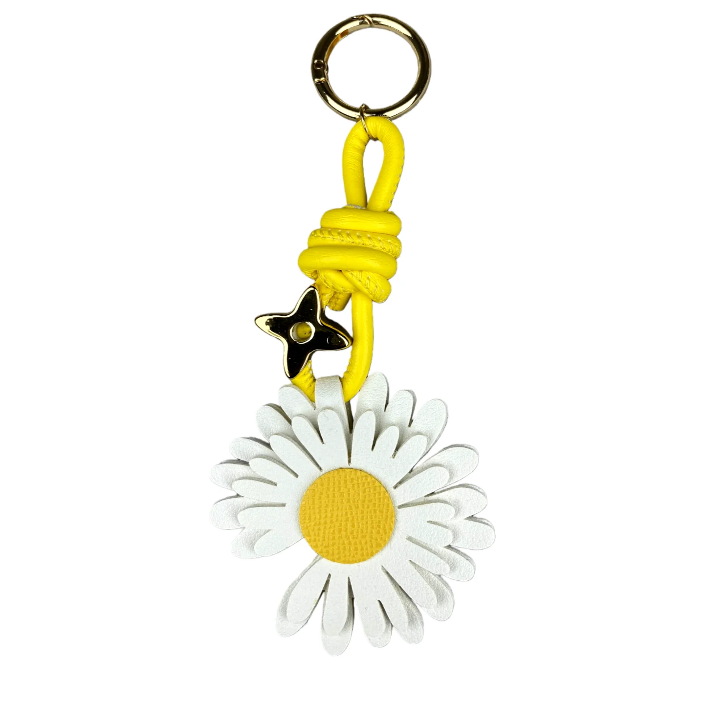 Klassischer Gänseblümchen-Schlüsselanhänger aus PU-Leder – zweifarbiger PU-Gänseblümchen-Charm mit vierblättrigem Kleeblatt-Perle/3,2 cm Metallring für Tasche, Geldbörse, Rucksack – Detail 12