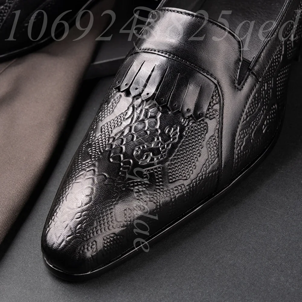 Sleek Black Snake Embossed Leather Loafers for Men Stylish Kilt Tassel Decor Pointed Toe Dress Shoes for Men Formal Gatherings