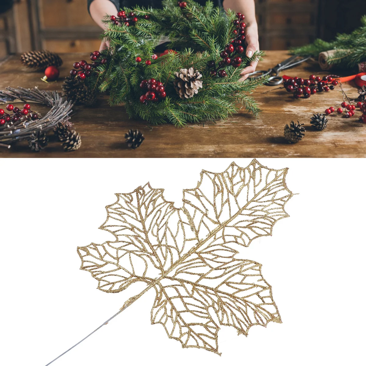 

4Pcs Christmas Artificial Maple Leaves Decor Realistic Delicate Golden Leaves Ornament for Tree Centerpiece Party Wedding