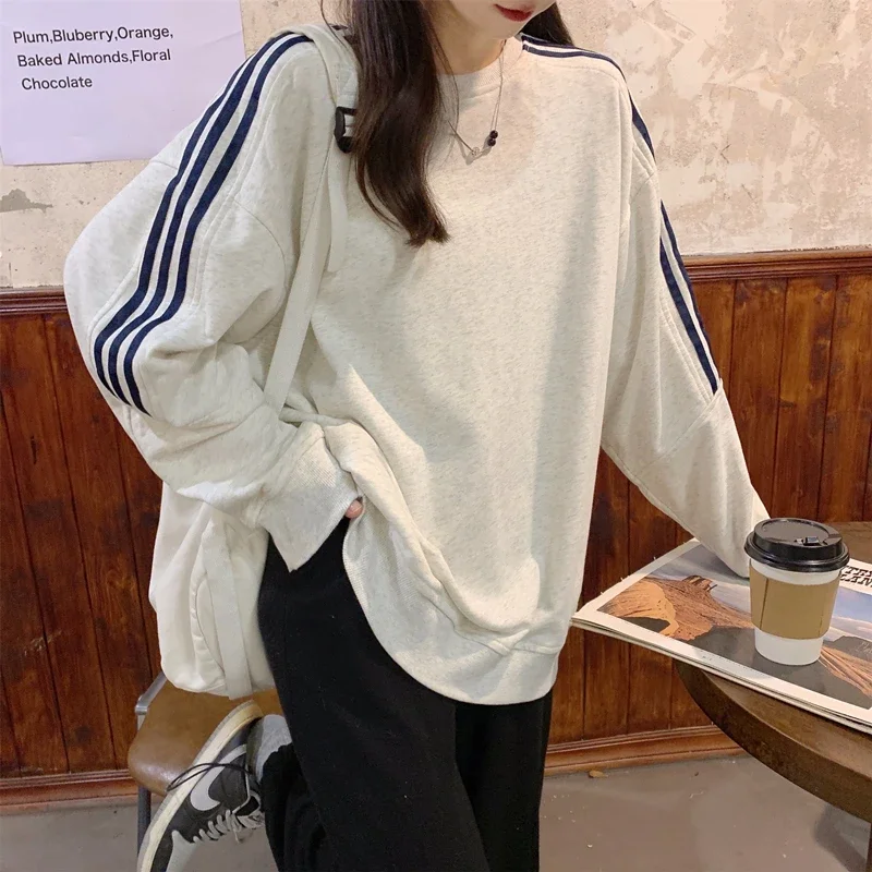 Autumn Sweatshirt Women Loose Striped Splicing Long Sleeve Tops Casual Versatile Female Winter Clothes Women