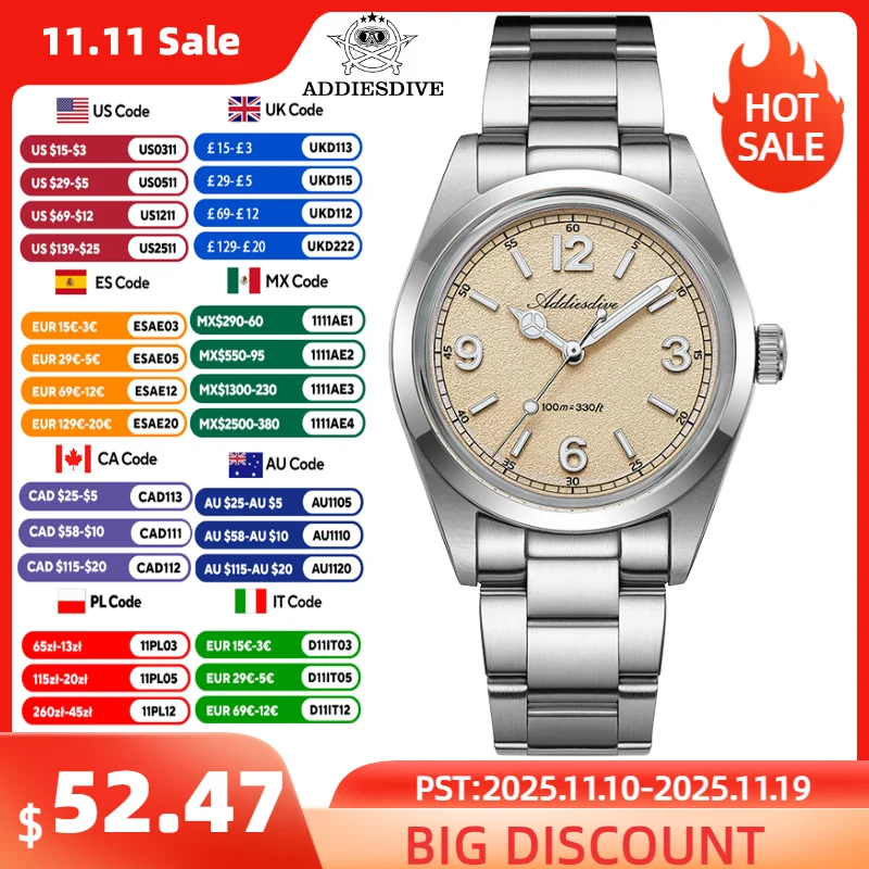 

ADDIESDIVE Stainless Steel Men Watches Super Luminous Bubble Mirror Glass 100m Waterproof Wristwatch Luxury Men's Quartz Watch