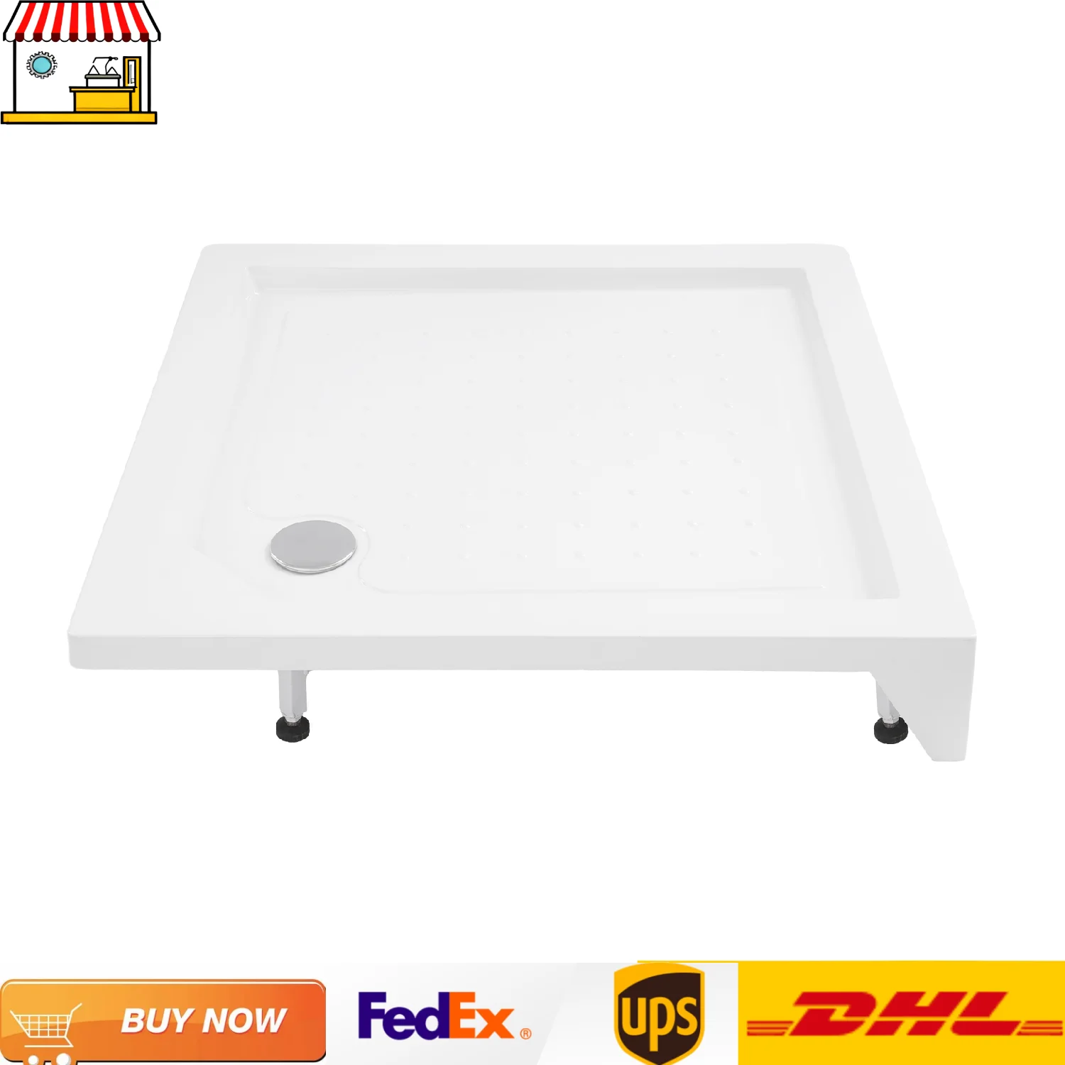 قاعدة دش مقاس 85*85*14 سم مع خرطوم تصريف |   قاعدة دش مربعة بيضاء |   تحميل 260 كجم/570 رطل |   التثبيت المدمج/تركيب السطح