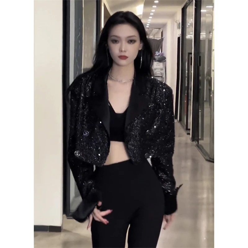 

Elegant Sequin Jacket Women Vintage Cropped Black Coat Autumn Ladies Streetwear Korean Long Sleeve Design Short Outerwears New