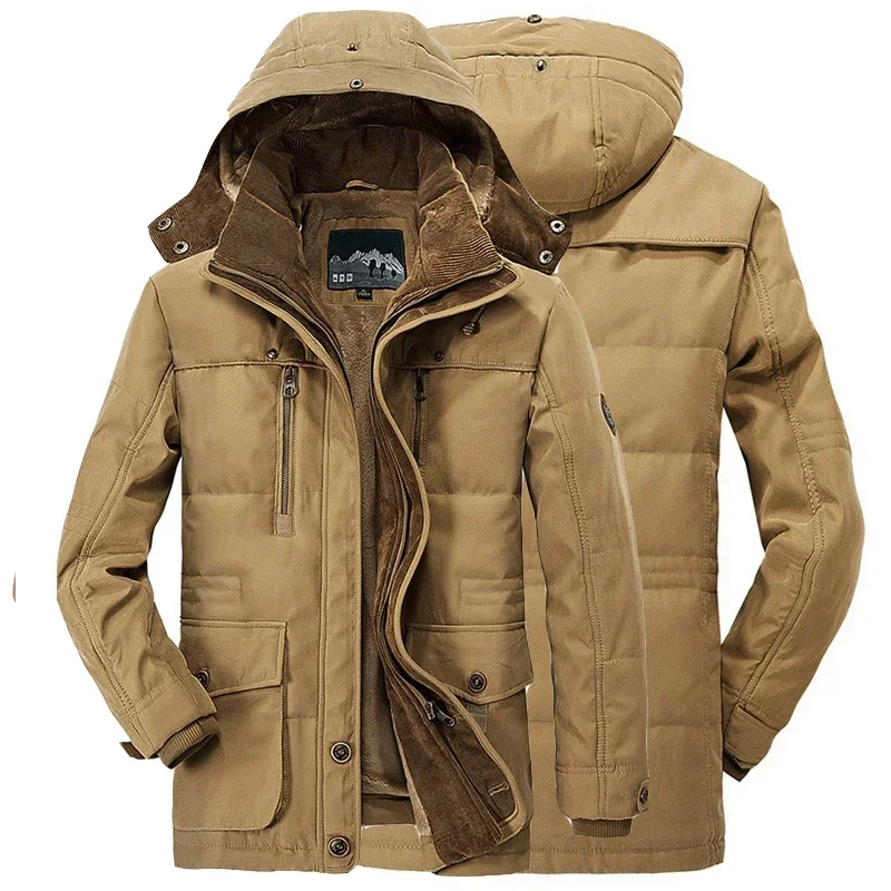 Parka de lana cálida para hombre, chaqueta acolchada gruesa forrada de lana a prueba de viento, abrigo largo Vintage con capucha a la moda, esquí y Camping, invierno, nuevo