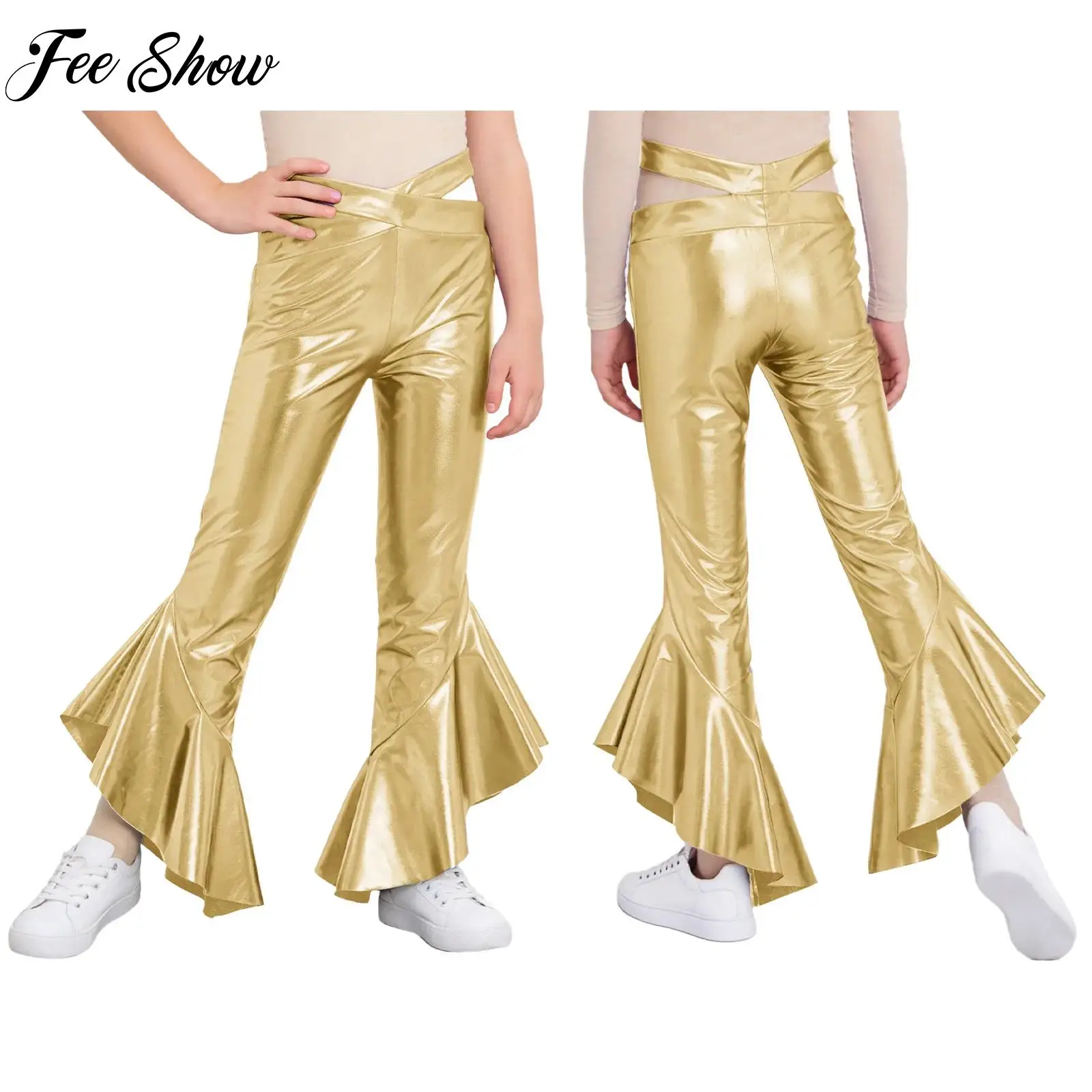 

Детские металлические расклешенные брюки для дискотеки, стильные эластичные брюки-клеш для девочек, костюмы для тематических вечеринок, клубная одежда