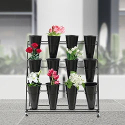 Soporte de exhibición de flores, soporte de plantas de Metal de 3 capas con ruedas, 12 cubos cónicos