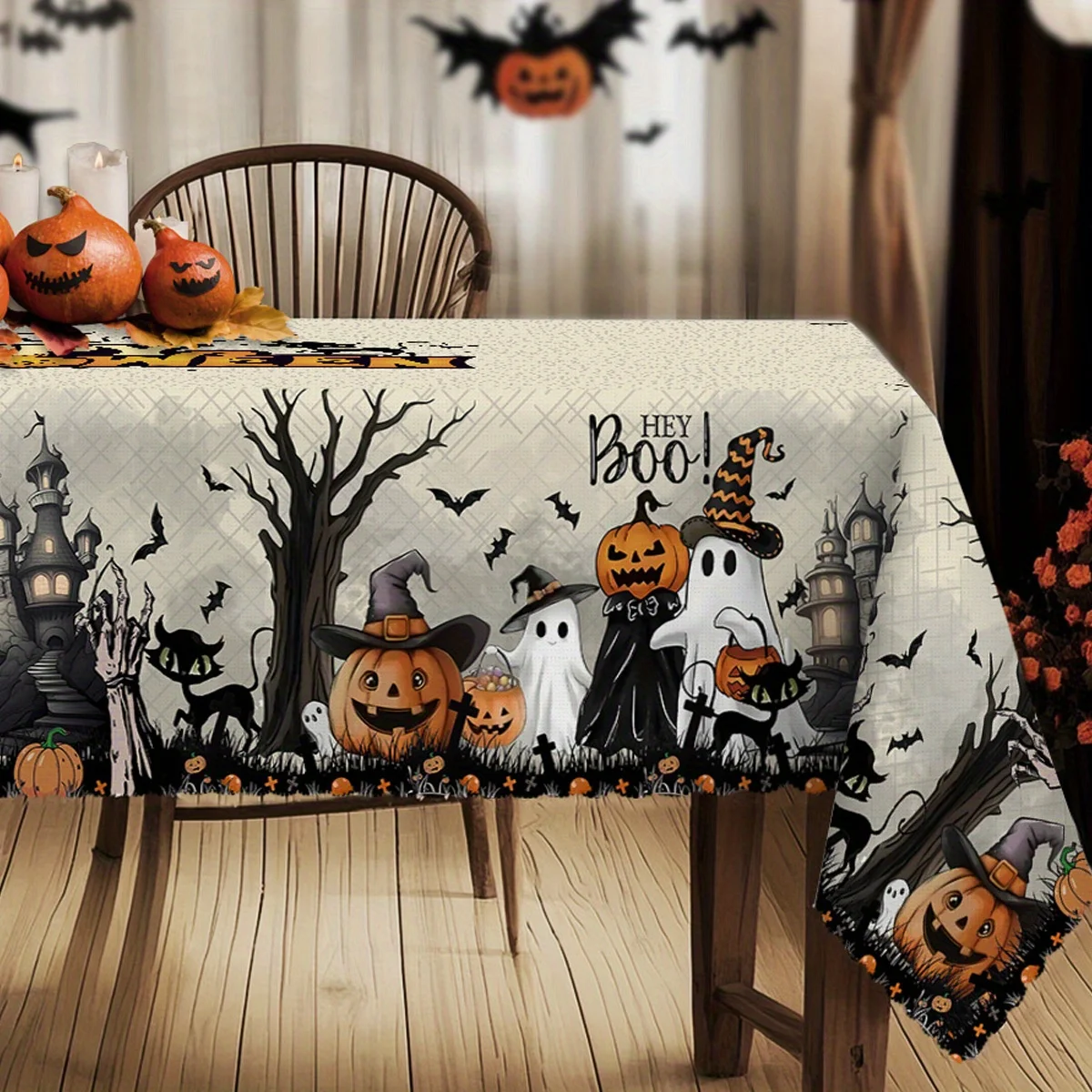Halloween Ghosts Black Cats Spooky Waterproof Tablecloth Table Decor Reusable Kitchen Dining Tablecloth Halloween Decorations