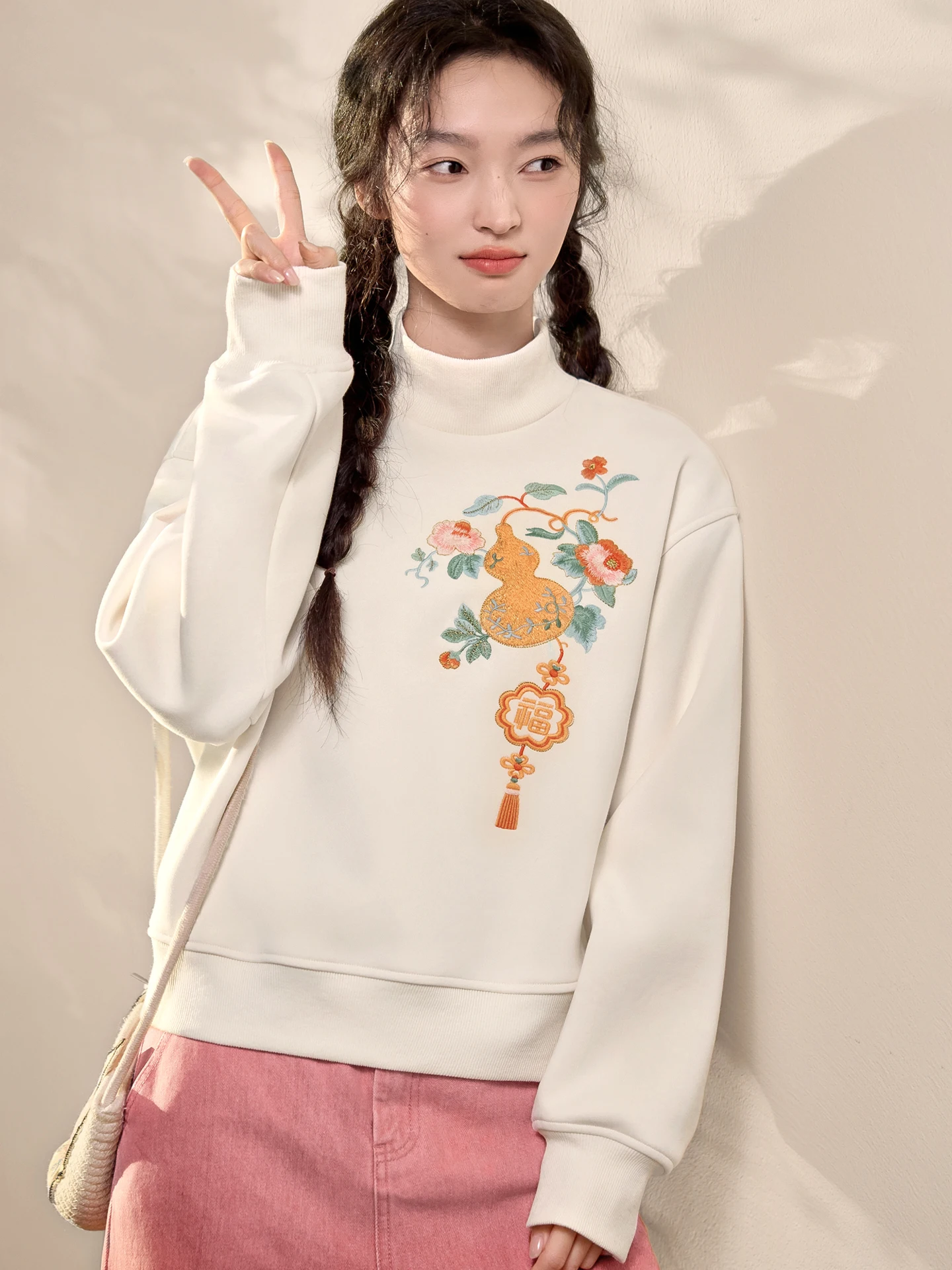 

Женский вязаный свитшот с высоким воротником на флисовой подкладке, с вышивкой, оригинальный национальный стиль, теплый вязаный топ с цветочным узором