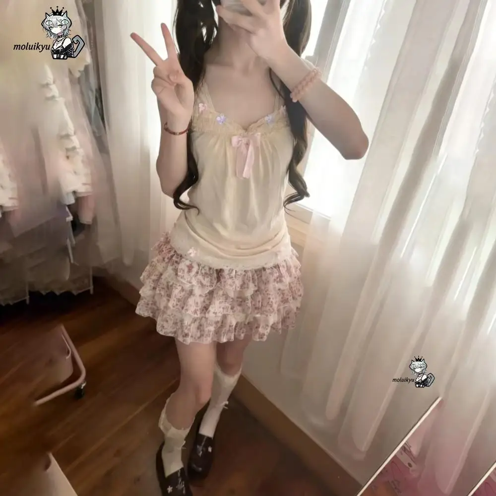 Women Y2K 2Pcs Outfit Set Lace Bow Cami Top + Floral Ruffle Tiered Mini Skirt, Kawaii Japanese Harajuku Sweet Coquette Aesthetic