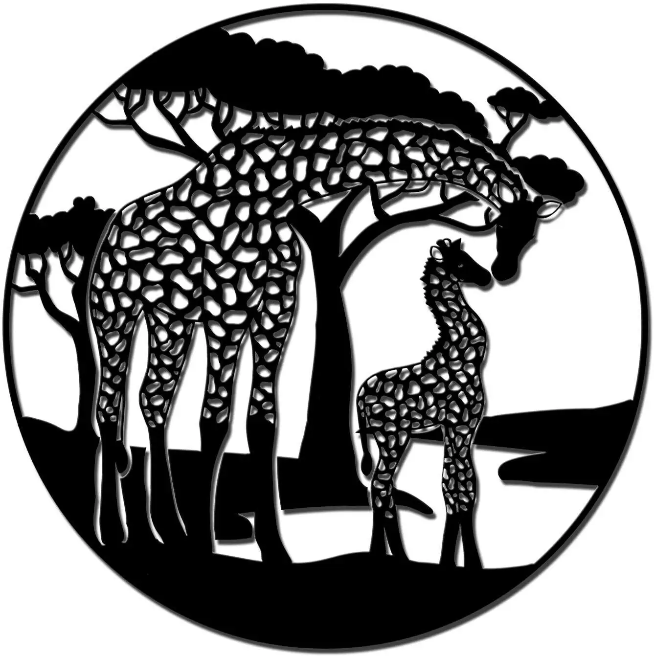 African Animal Metal Wall Decor Giraffe Mommy Kiss Baby Beside Trees Wall ArtLiving Room/Home Decoration