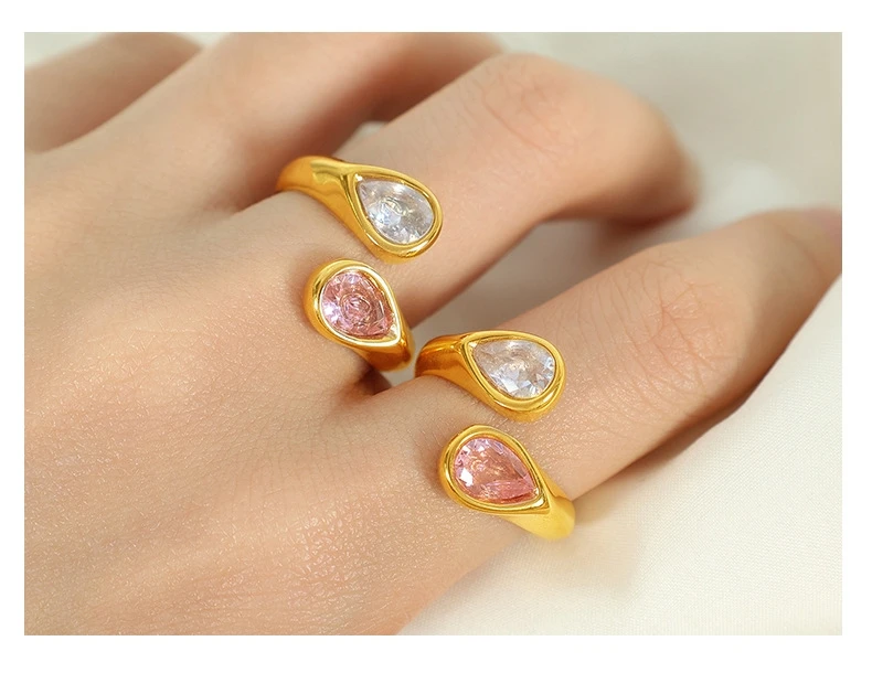 

5pc 316L Stainless Steel Pink White Diamond Gold Finger Band Ring Pink Sapphire Teardrop Gems Handmade Ins Waterproof Jewellery