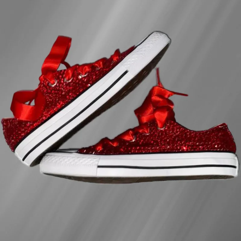 Red Low Cut Rhinestone Ribbon Canvas Shoes Comfortable Walking Sneakers Handmade Rhinestone Vulcanized Shoes 35-46