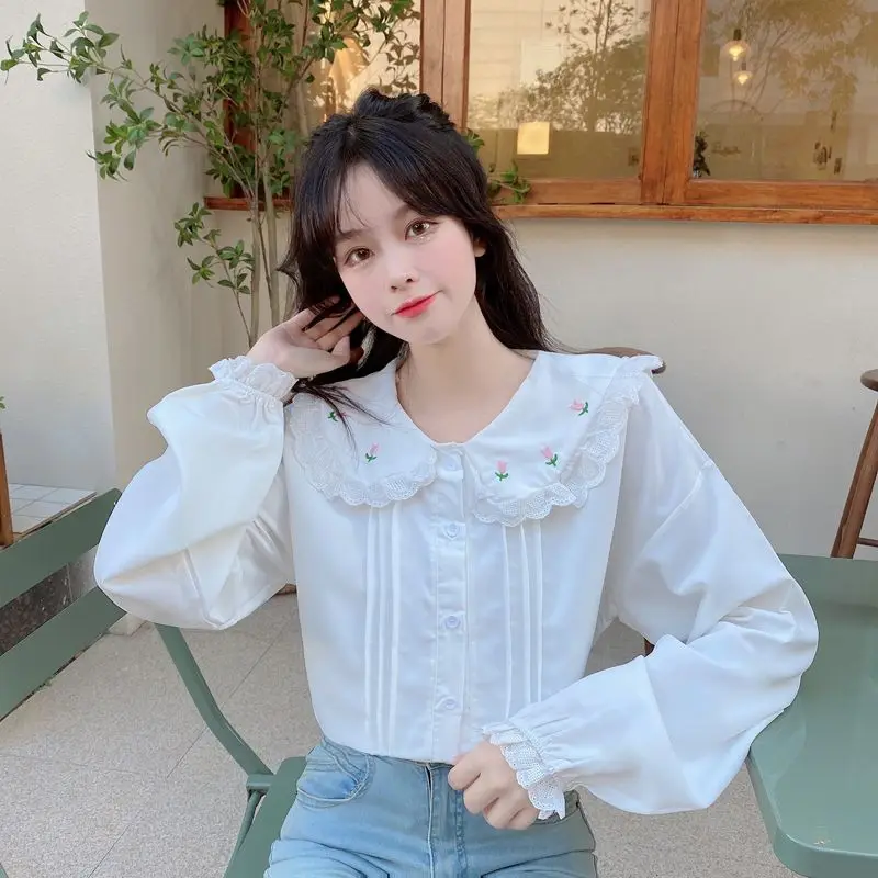 

Милая женская рубашка в стиле Sweet Girl с вышивкой, белая, свободного кроя, с длинным рукавом и воротником «Питер Пэн», молодежная повседневная мода для молодых женщин, на каждый день