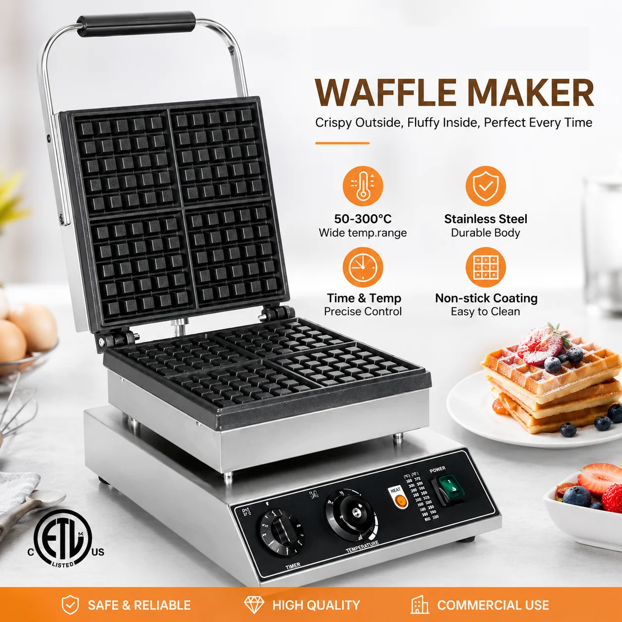 New Commercial Stainless Steel 4-Grid Square Electric Waffle Maker with Non-Stick Coating 110/220V Timer for Breakfast
