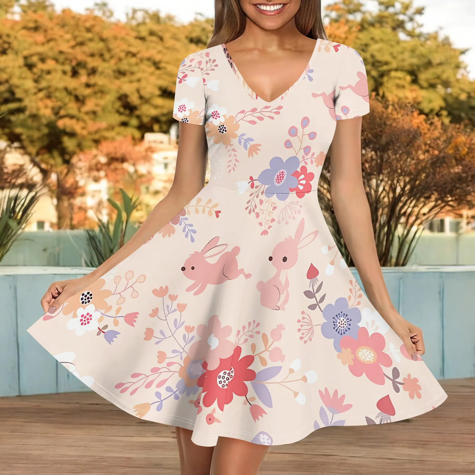 

EQQZD Standard Size Short Sleeve V-neck Dress, Casual Cute Animal Print Mini Dress for Women