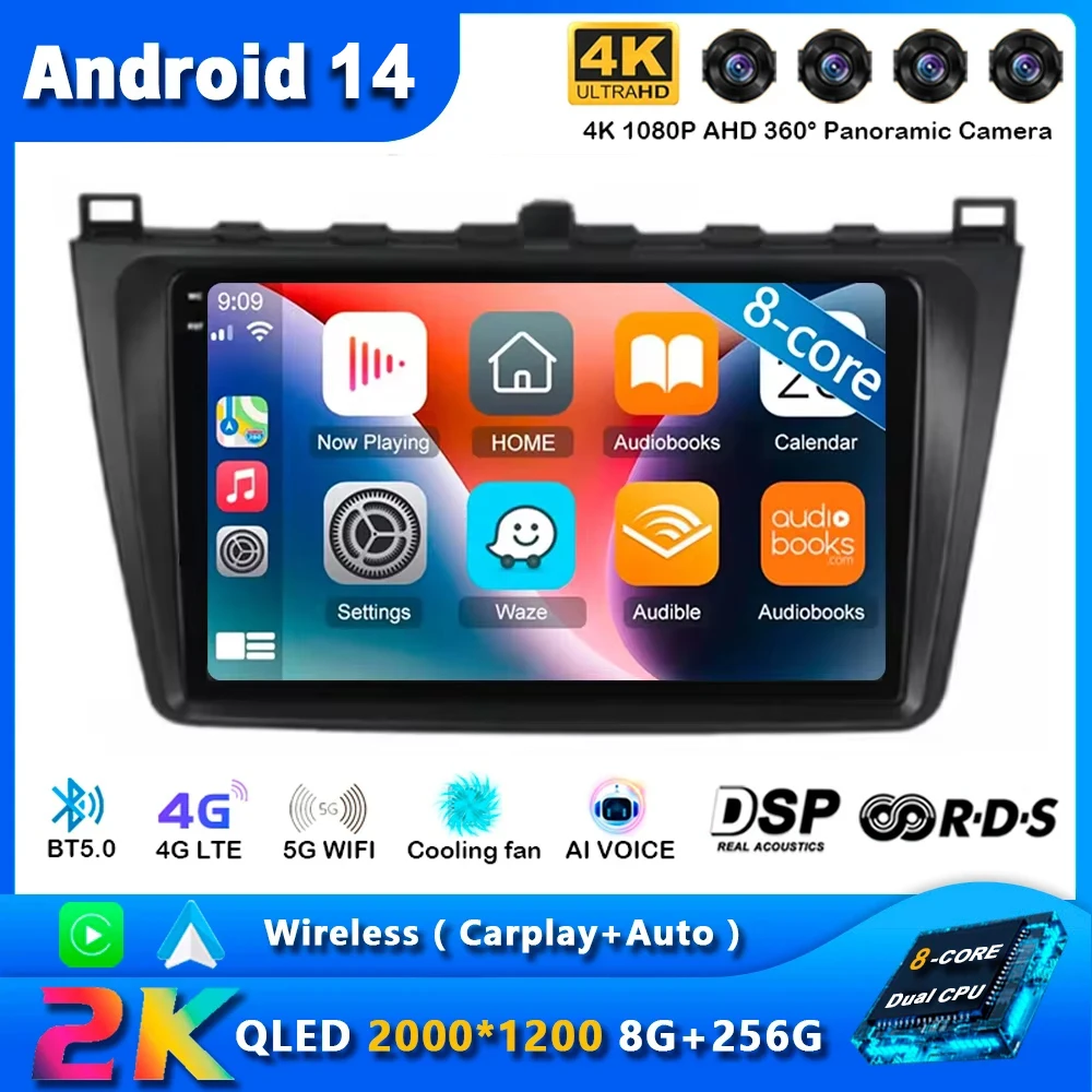 Android 14 Carplay Auto Car Radio For Mazda 6 GH 2007 - 2012 Navigation GPS Multimedia Player Stereo wifi+4G DSP video BT 2 DIN