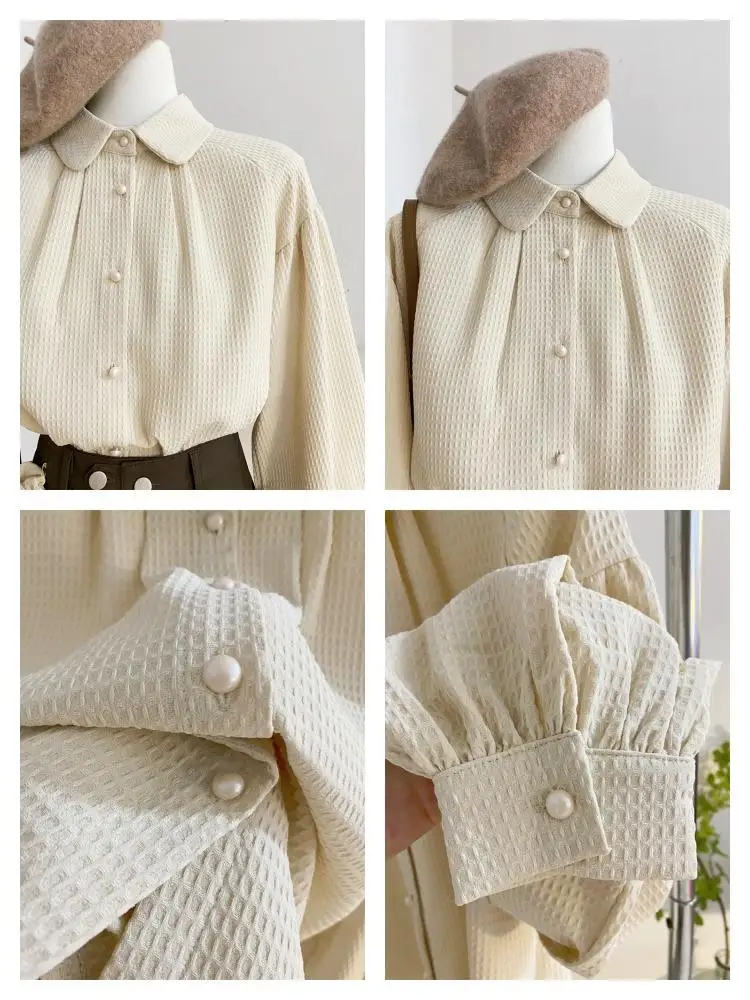 Waffle Lantern Sleeve Shirt for Women with a Niche Design Loose French Retro Chic Doll Collar Long Sleeved Top