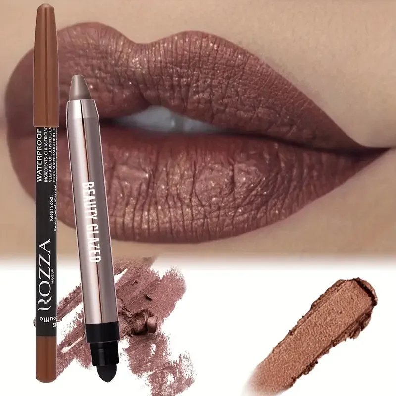 2Pcs Metal Lip Makeup Set,Waterproof Lipliner ,Durable Shiny Matte Cream Eyeshadow eyeliner brightening pencil crayons