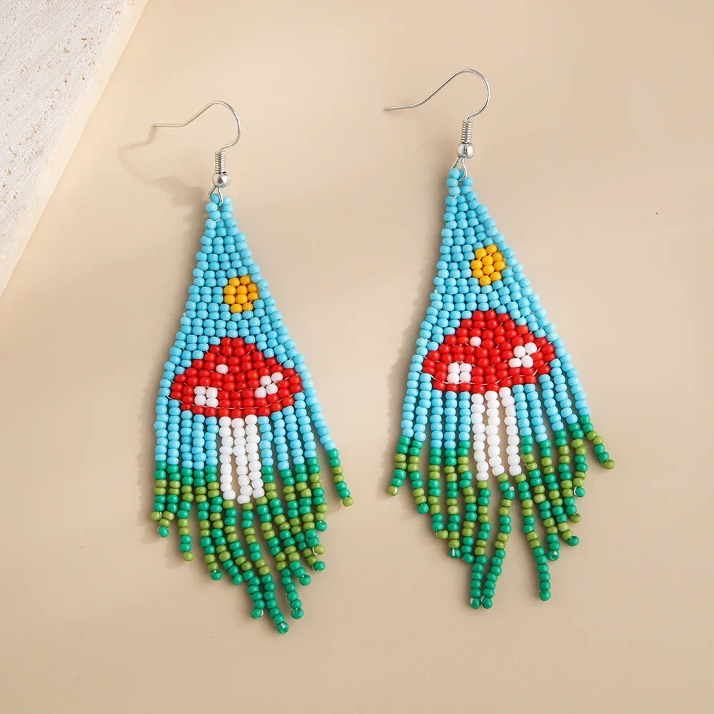 

Beaded earrings Tassel Mushrooms Design Colour Originality Hand knitting Bohemia Alloy Tide Simple Rice bead earrings