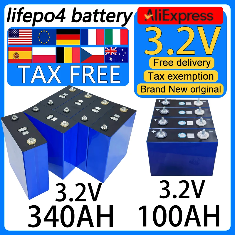 

high quality 16pcs 3.2V 340Ah 100Ah Lifepo4 Battery Rechargeable Grade A DIY 12V 24V 48V RV EV Boat Golf solar energy camping