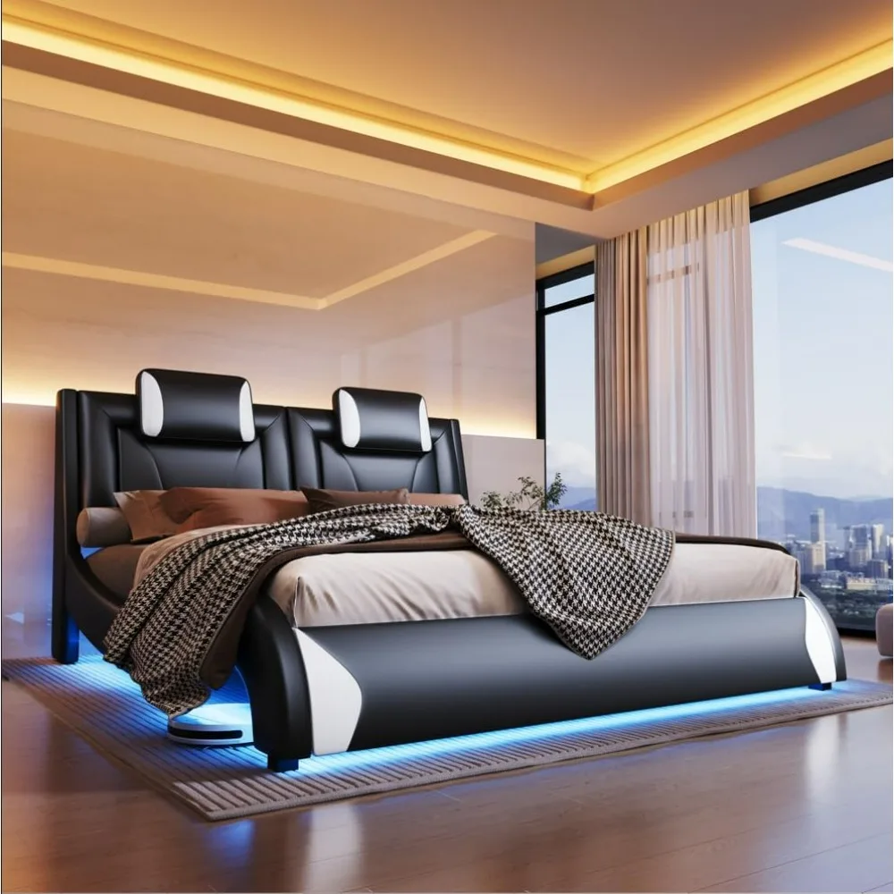 LED Queen Bed Frame, Modern Faux Leather Upholstered Platform Bed, Wave Like Curve Design No Box Spring Needed, Black