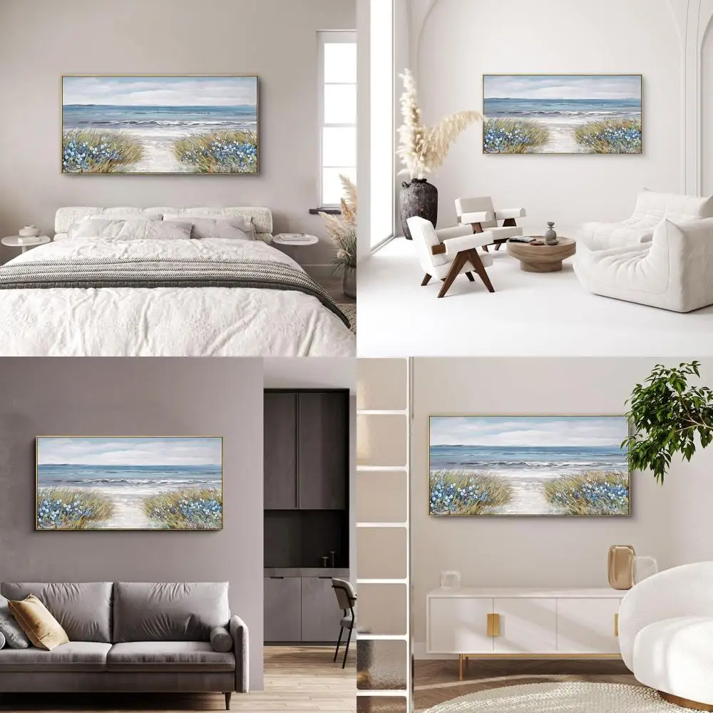

Farmhouse Style Seascape Wall Art - Boho Coastal Floral Canvas, Neutral Beach Nautical Decor for Living Room