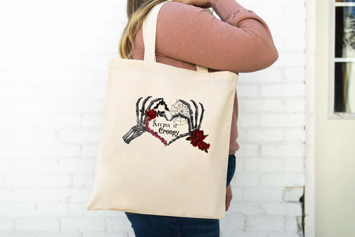 keepin it creepy canvas tote bag vintage women spooky skeleton hands goth shopping bag