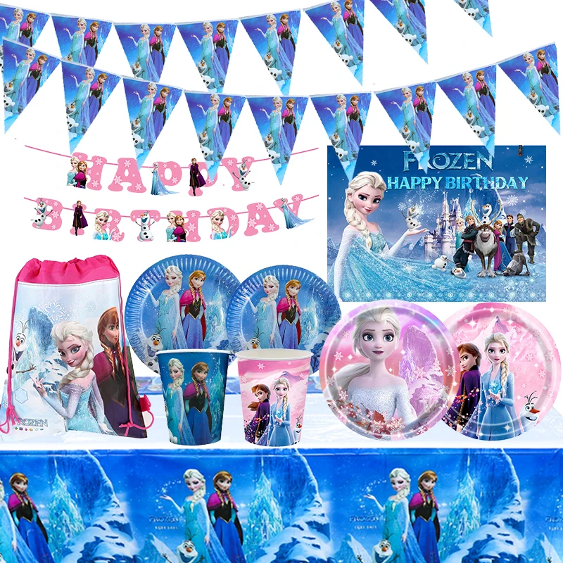 Disney Frozen Birthday Decorations Princess Anna Elsa Disposable Tableware Set Background Children's Party Supplies Baby Shower