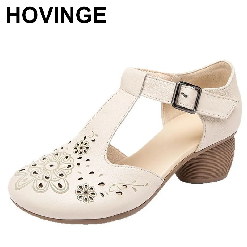 

Genuine Leather Women Sandals Summer Shoes 5CM High Heels Retro Women Shoes Hollow Out Sandals
