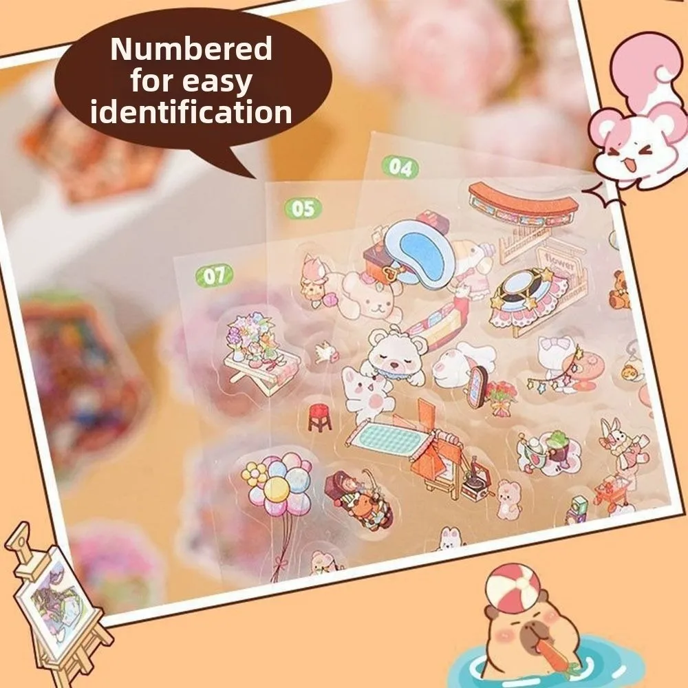 귀여운 애완동물 미니어처 장면 스티커 북 미니 비주얼 스태킹 DIY 풍경 스티커 북 3D 포켓 캐빈 장면 스티커