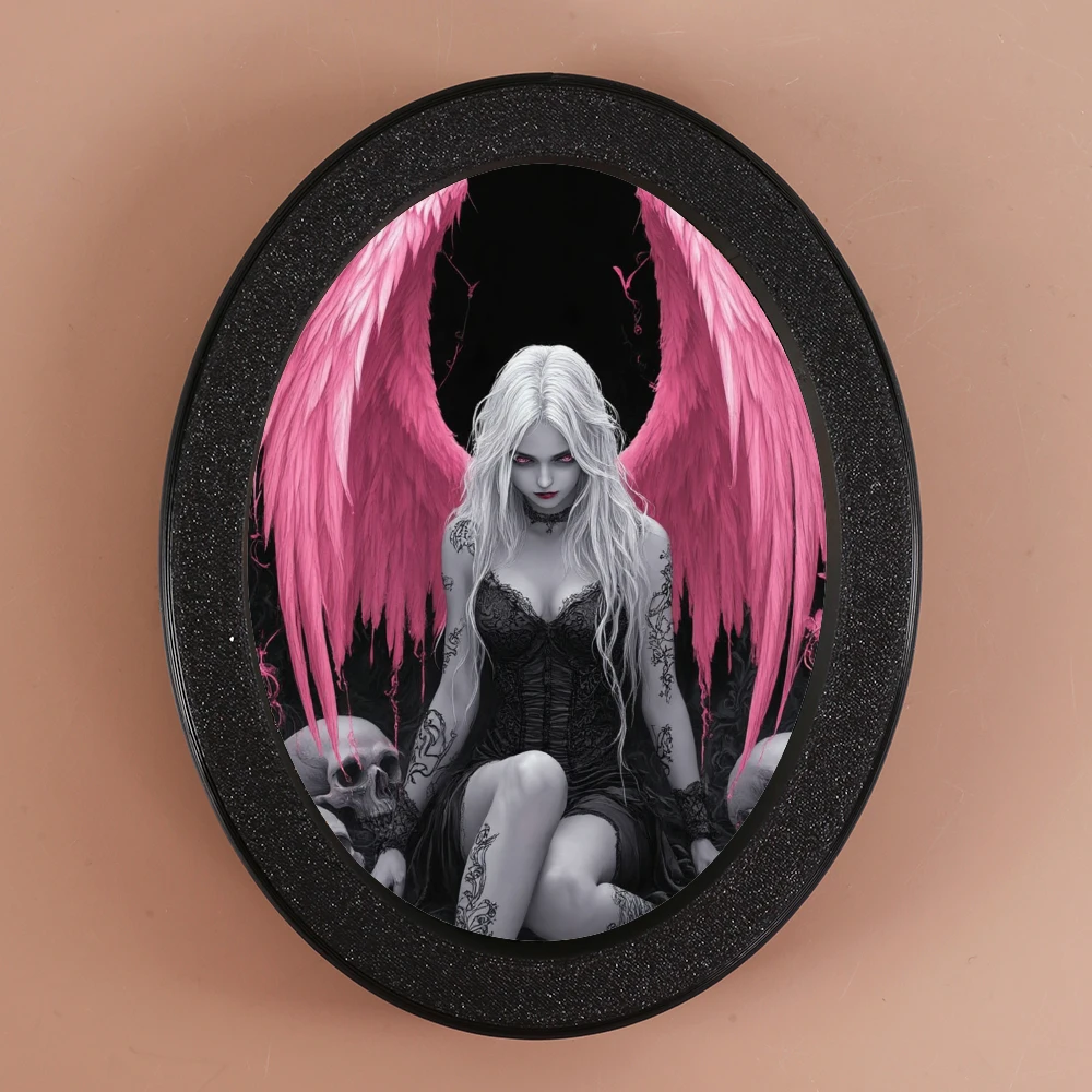 1-teiliges ovales dekoratives Ornament im dunklen Stil mit Elementen rosa – geflügelter Engel, Totenkopf und Tattoos, passend für Gothic-Stil