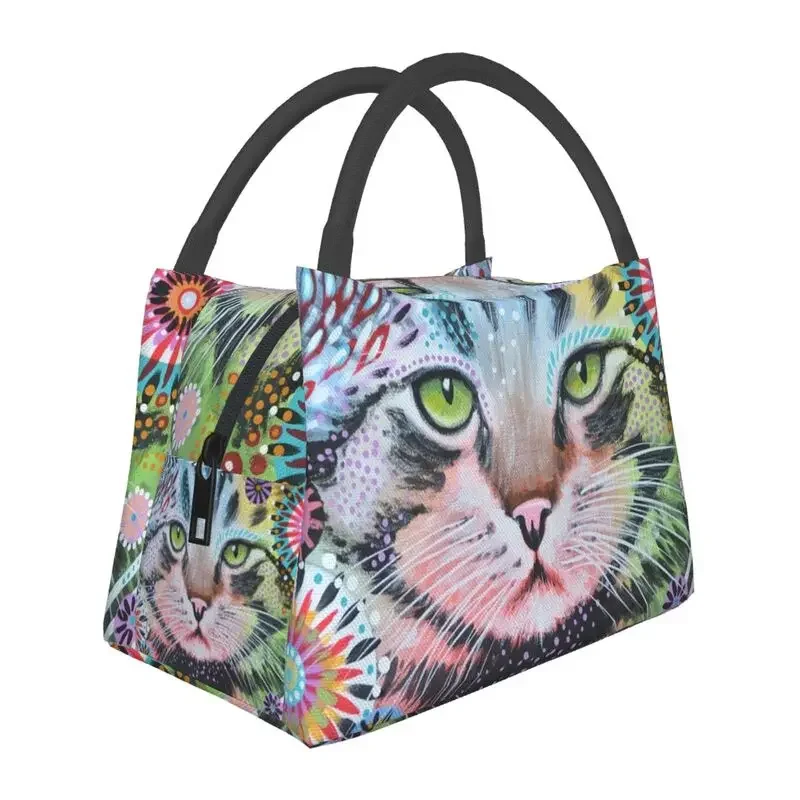 Abstract Portrait Insulated Lunch Bags for Camping Travel Modern Cat Flower Art Waterproof Thermal Cooler Bento Box Women