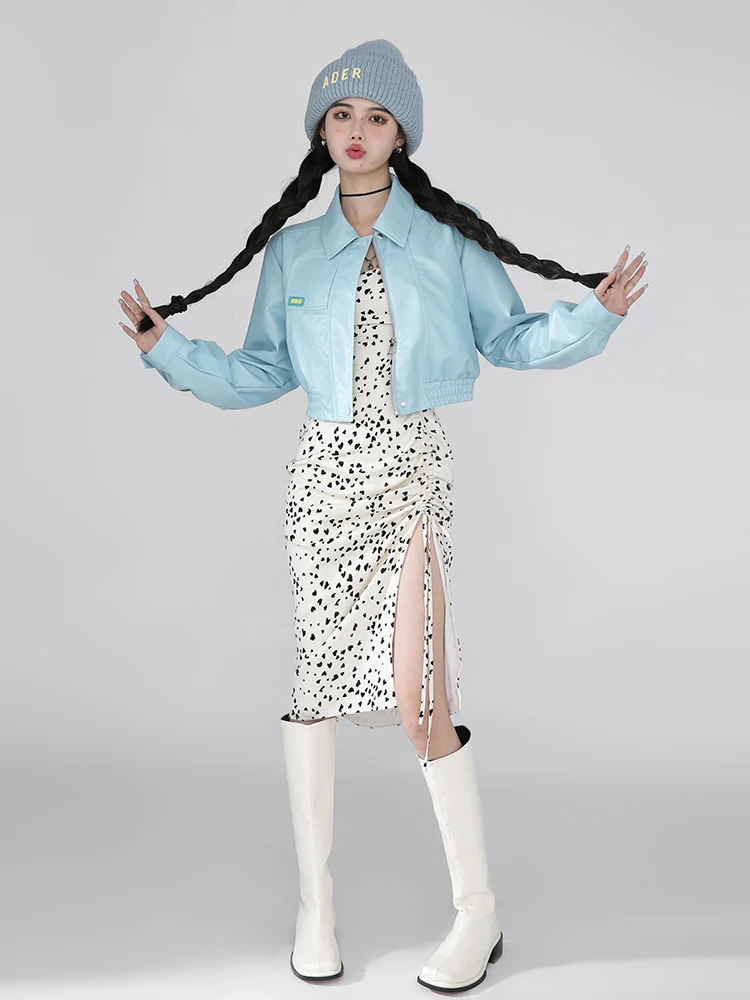 ブルーレザー ジャケット レディース フリーデザイン 春新作 ジッパー開閉 ロングスリーブ スリムフィット ユースファッション