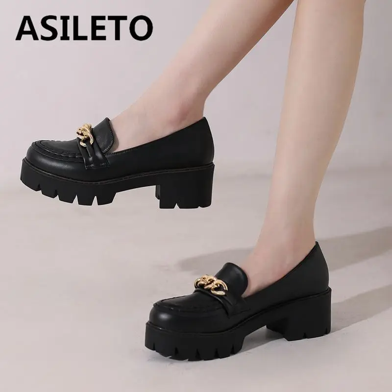 

Женские туфли-лодочки ASILETO на платформе с круглым носком на среднем каблуке, без застежки, металлические цепи, большие размеры 42 43, повседневная женская мягкая обувь