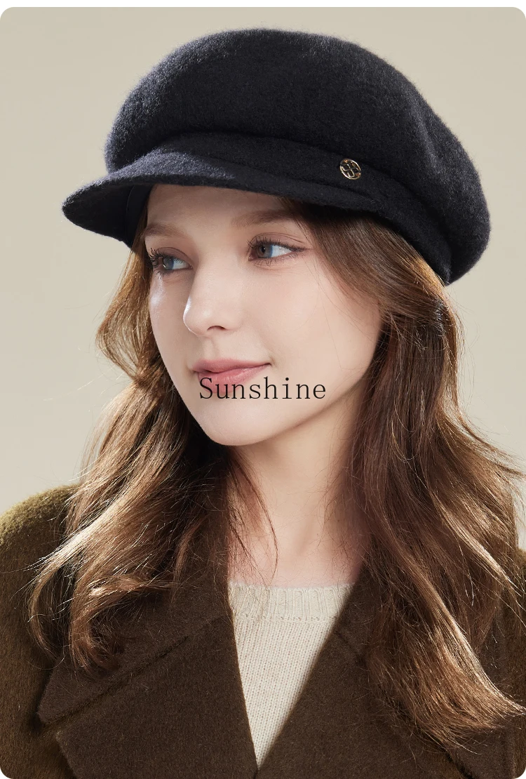 Female autumn and winter pure wool warm retro painter hat rich British wide-brimmed beret