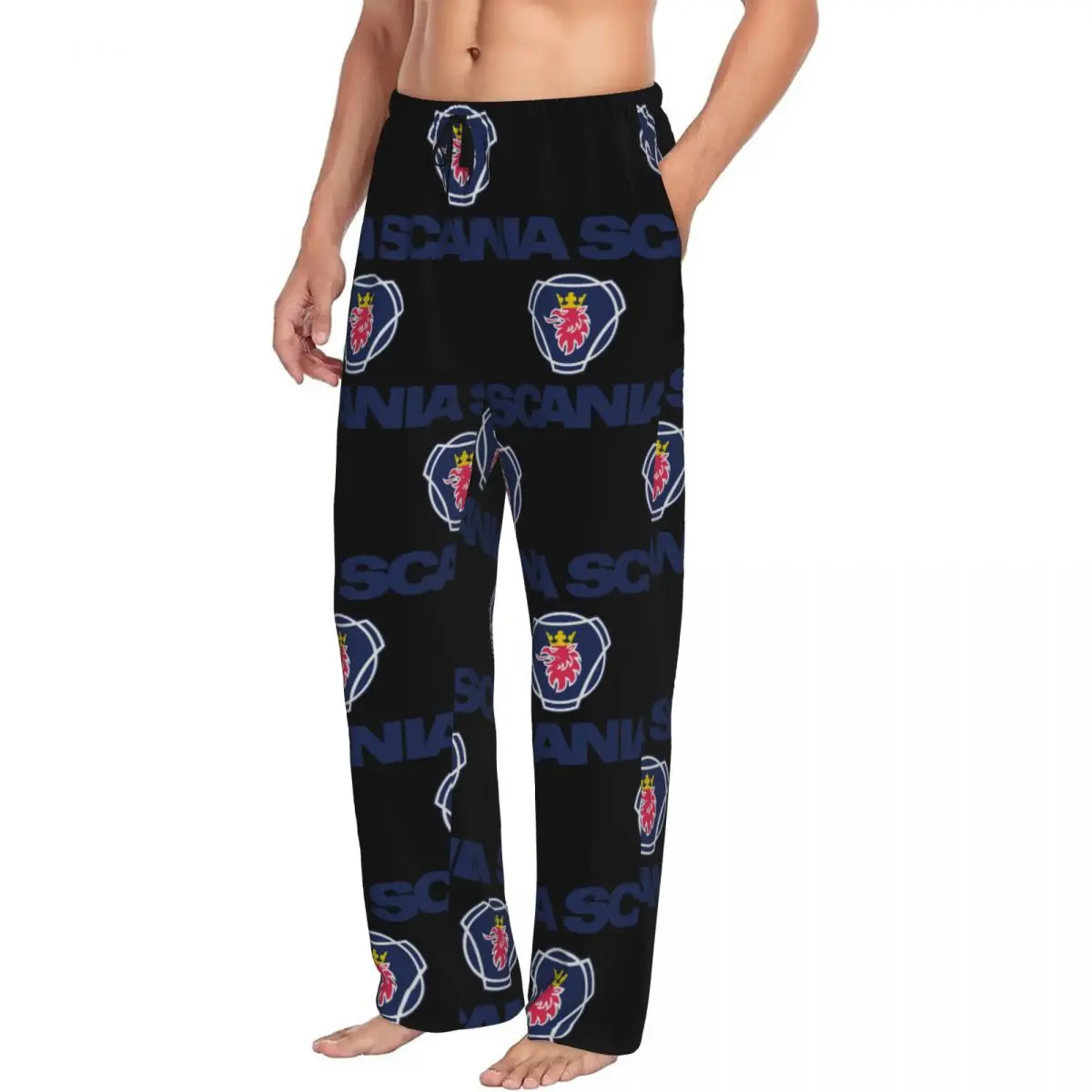 Custom Saabs Scanias Trucks Emblem Classical Logo Pajama Pants Men's Lounge Sleep Drawstring Sleepwear Bottoms with Pockets