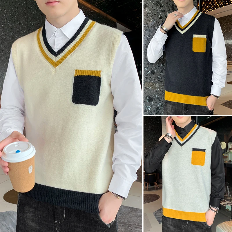 

Пуловер с v-образным вырезом, полосатый мягкий вязаный свитер, мужской однотонный однотонный свободный крой, универсальный свитшот, топы, трикотаж без рукавов, жилет