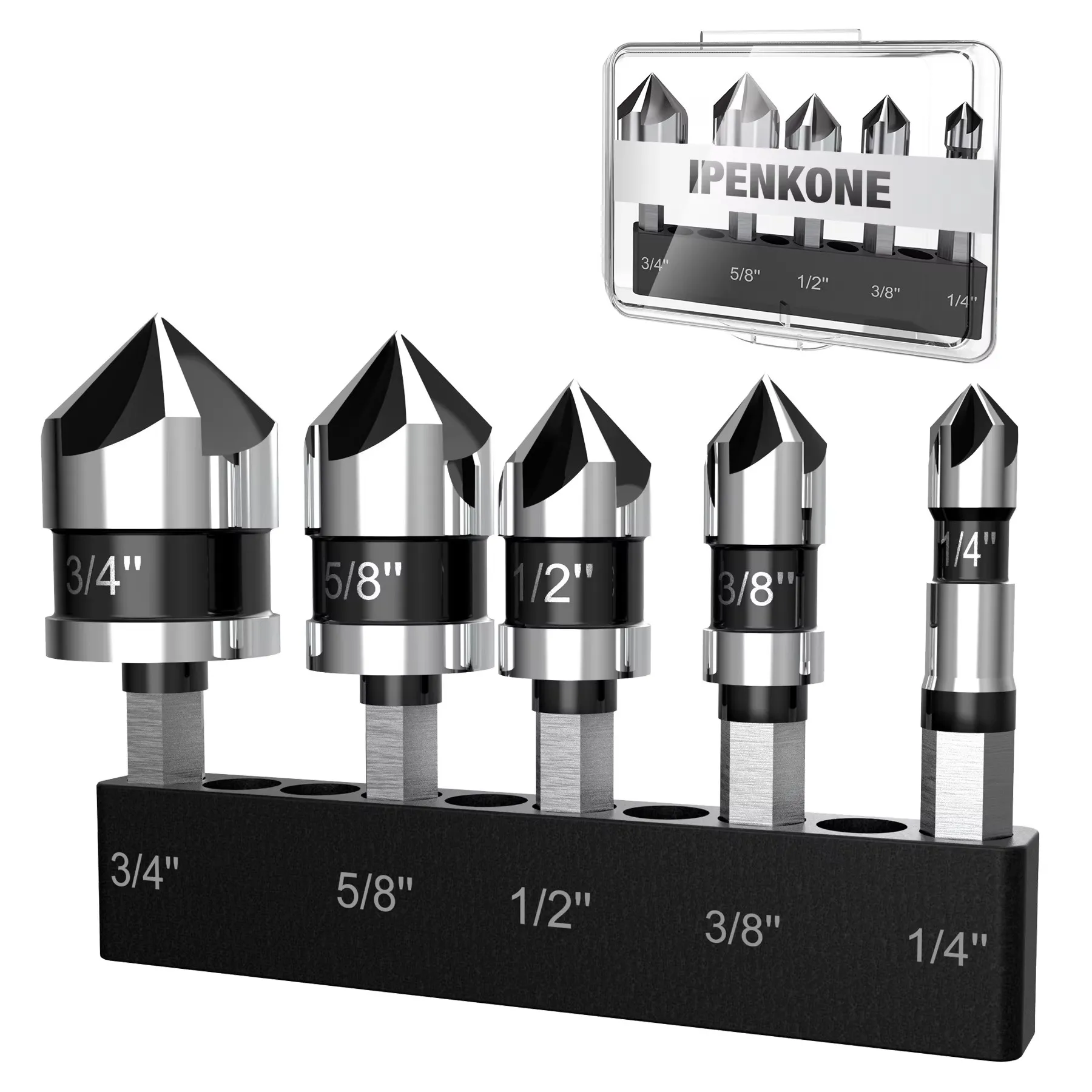 

IPENKONE 5 Pcs M35 Cobalt Countersink Drill Bit Set For Metal 1/4'' 3/8'' 1/2'' 5/8'' 3/4'' Set Hex Shank Countersunk Bits