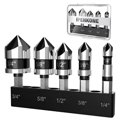 IPENKONE 5 Pcs M35 Cobalt Countersink Drill Bit Set For Metal 1/4'' 3/8'' 1/2'' 5/8'' 3/4'' Set Hex Shank Countersunk Bits